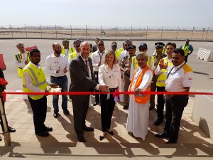 (Left to right) David Wilson, Chief Operations Officer, Oman Airports Management Company with Anne Anderson, Vice President Shell Aviation, and Salim Awadh Said Al Yafaey, General Manager, Salalah International Airport, at Salalah International Airport